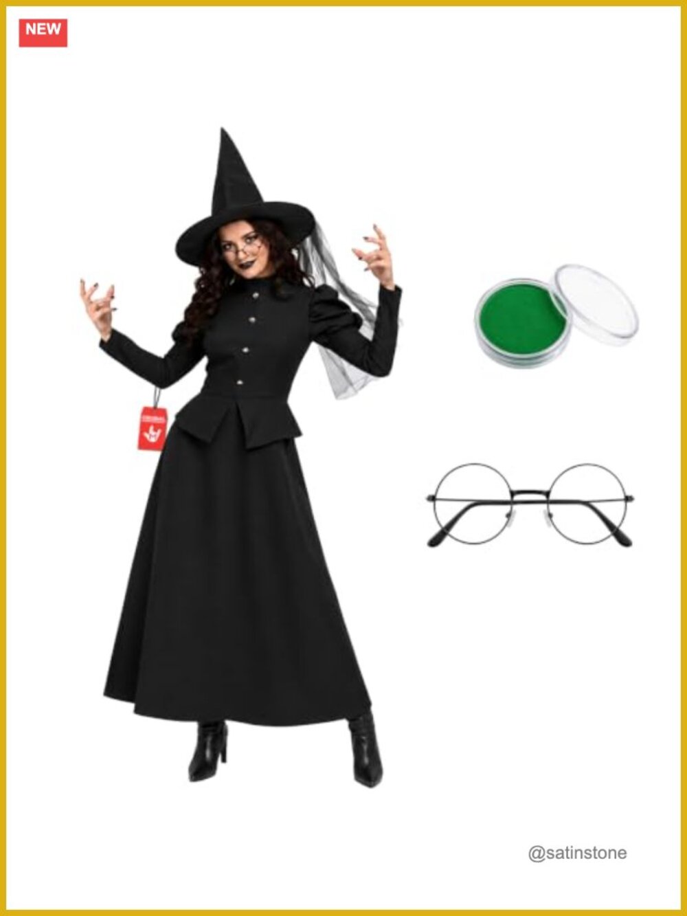 Full Length Witch Costume Peplum Dress Hat Veil Glasses Women Halloween